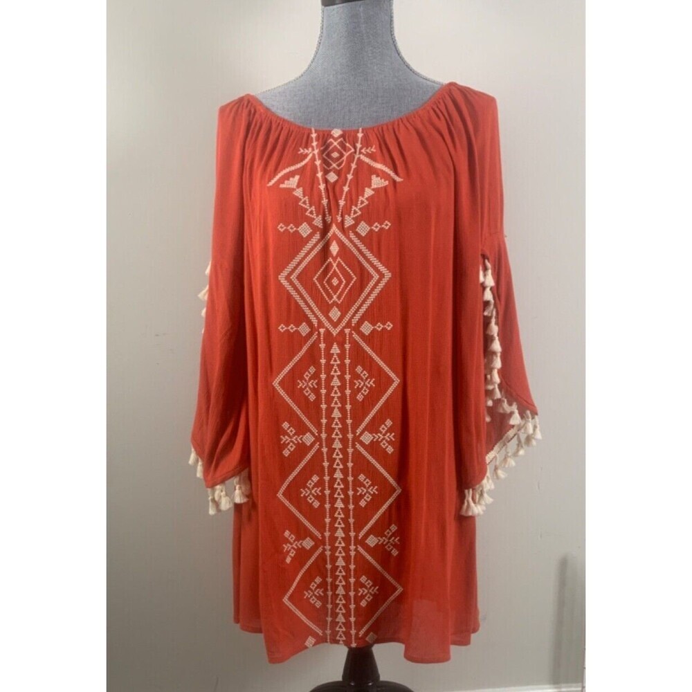 Kori Beach Tunic Boho Tribal Cover-up 3/4 Tassel Sleeve Mini Dress Red Small - Picture 2 of 8